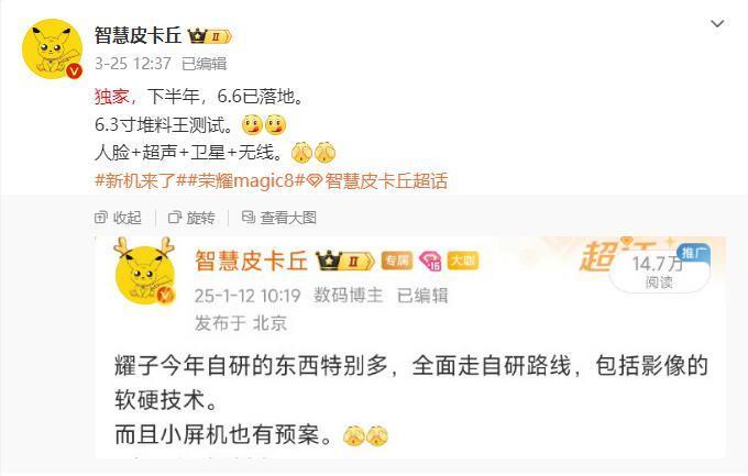 6.3英寸+6.6英寸疑似荣耀Magic8系列成业内独家双3D生物识别机型