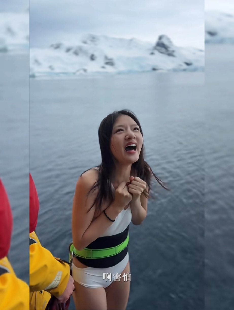 任敏太猛了，生理期第2天穿泳衣南极跳海，网友辣评：无知者无畏