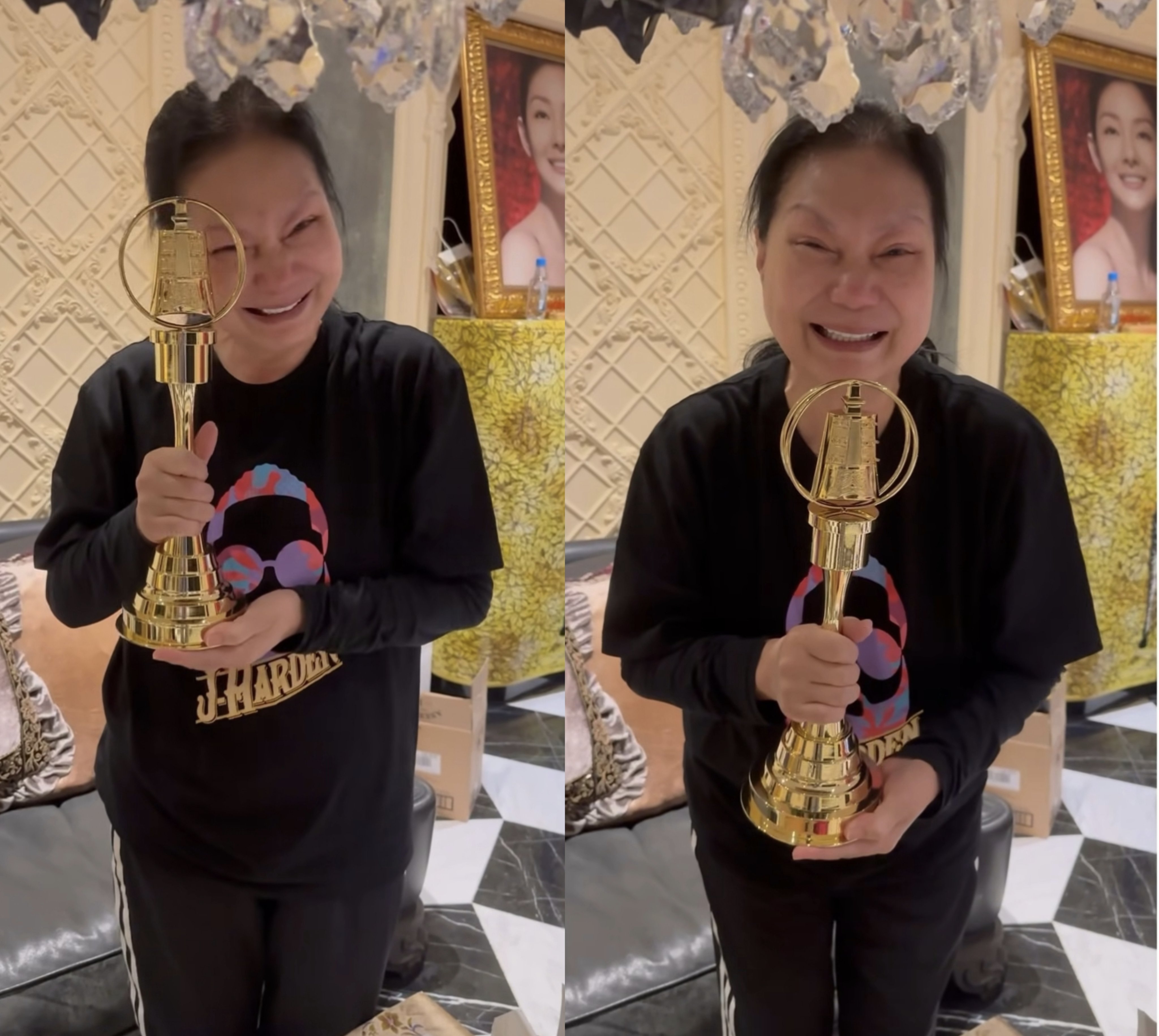 S妈最新亮相头发稀疏、瘦弱枯槁，大S的照片在身后形成鲜明对比