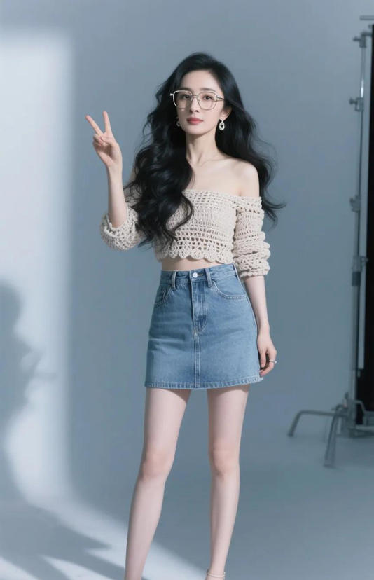 38岁杨幂秀逆天腰臀比，中式针织牛仔穿搭元气满满