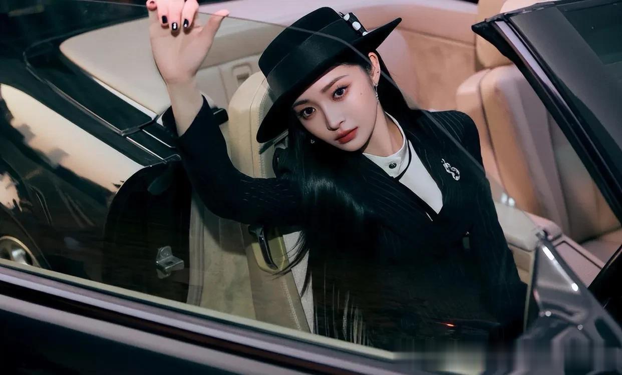 被周洁琼帅晕了，穿黑色西装佩戴黑色礼帽，变身黑长直红唇冷美人