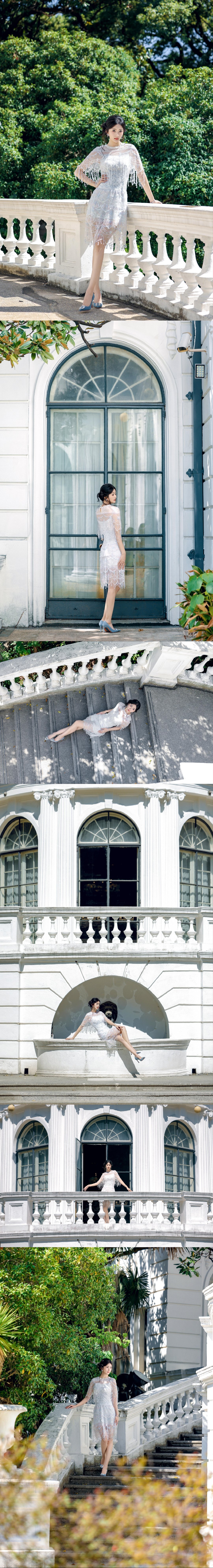 演员赵昕白色蕾丝裙穿搭，脚踩高跟，纯欲勾人