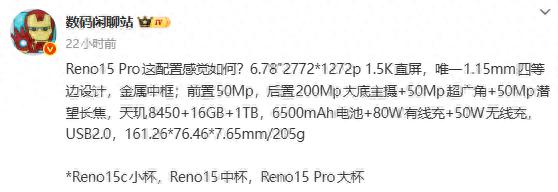 OPPO Reno15 Pro參數曝光：搭載天璣8450芯片、2億主攝