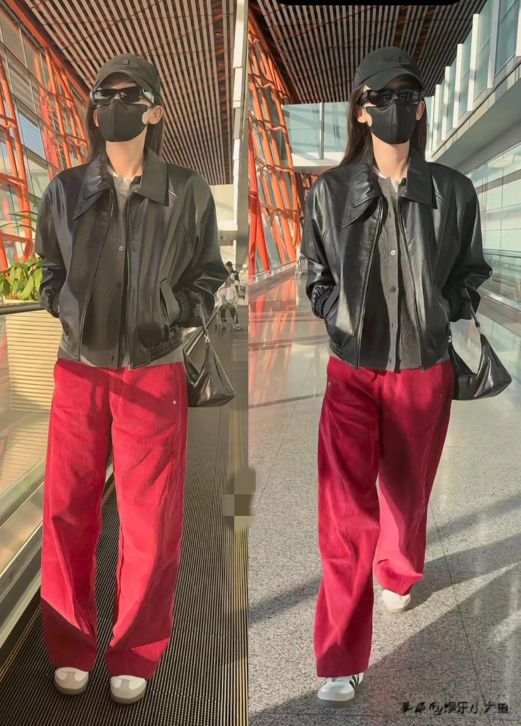 古力娜扎最新机场路透照，穿黑色皮衣戴着棒球帽，仍无与伦比的美