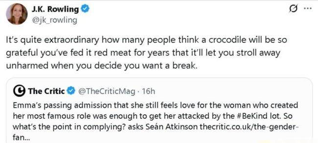 \uD83D\uDC0A 罗琳“鳄鱼论”回绝艾玛求和！网友痛批：背刺恩人何谈情谊？