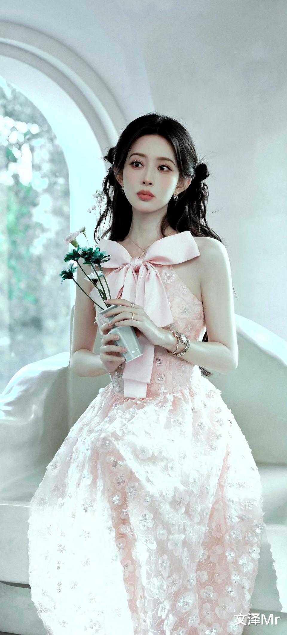 孟子义一袭??粉色挂脖长裙，领口处的大蝴蝶结设计，美出新高度