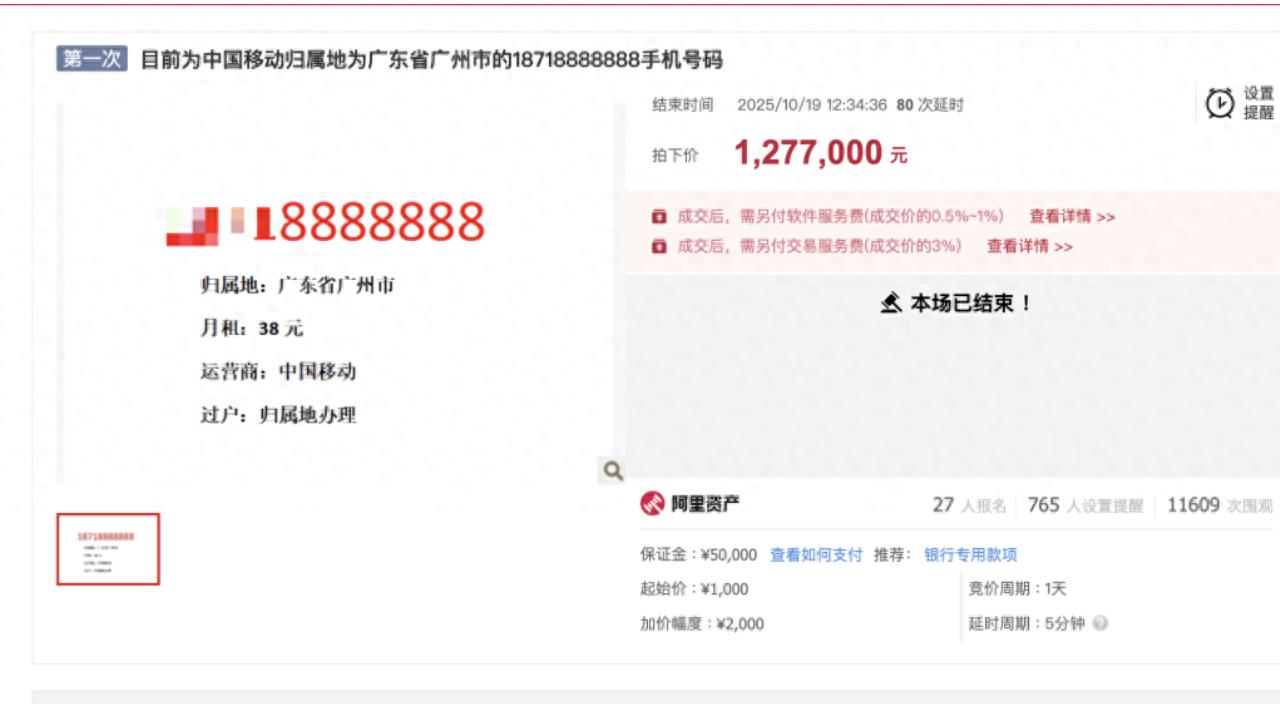 111輪激烈競拍后，尾號“8888888”手機號拍出127萬余元