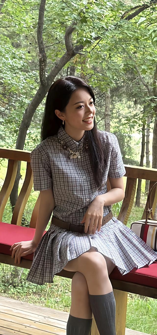 赵今麦格子短裙花项链