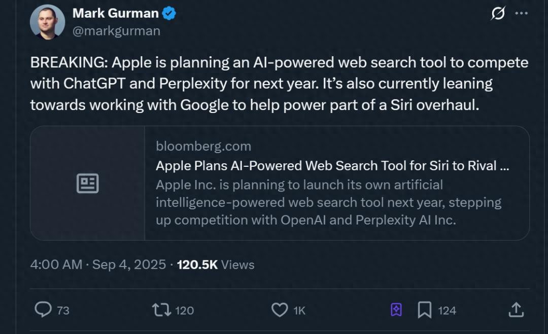 AI搜索引擎，蘋果決定自研，代號WKA