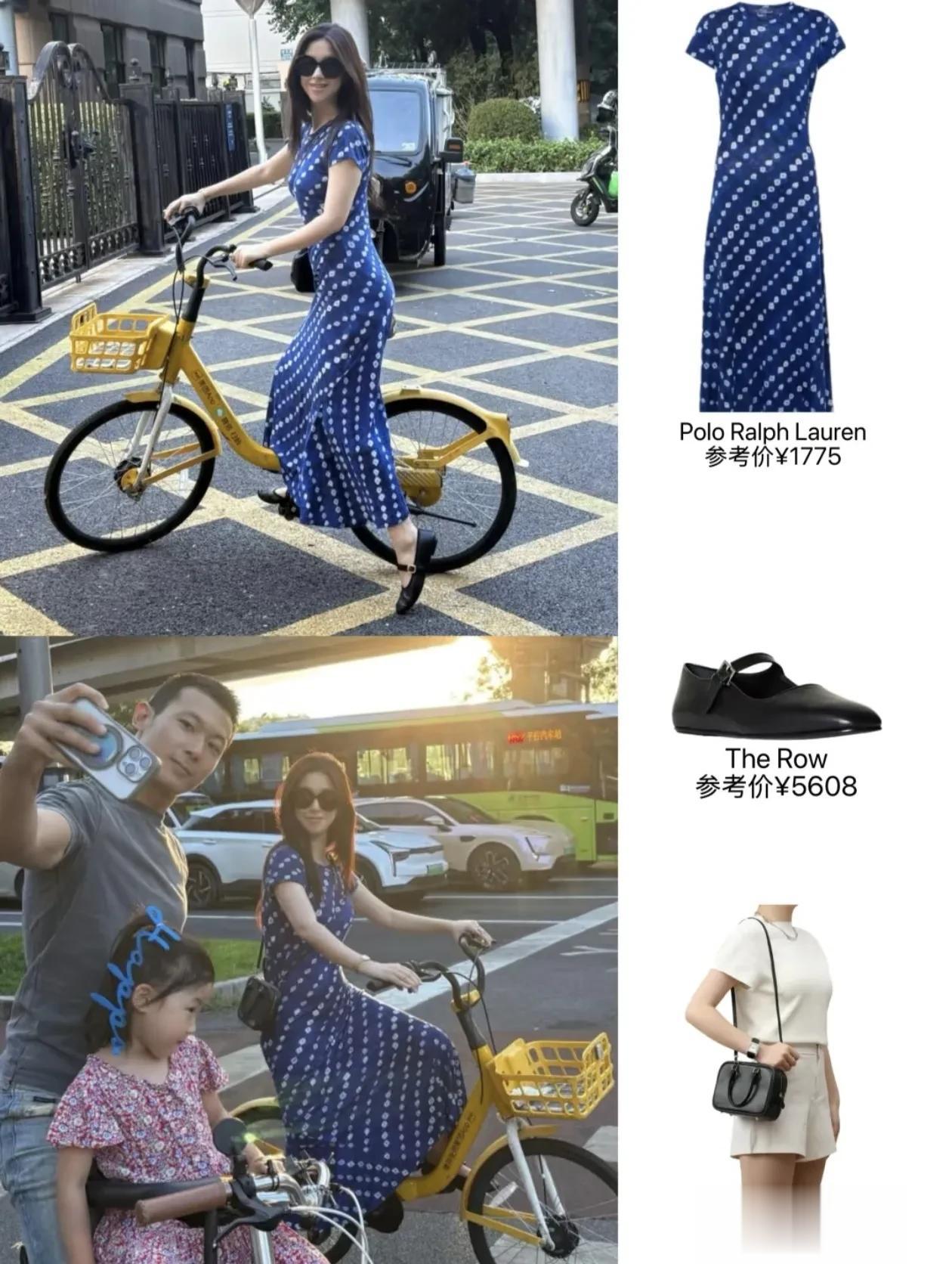 朱珠一家骑共享单车，她身上这条亚麻印花连衣裙真美，还是母女装
