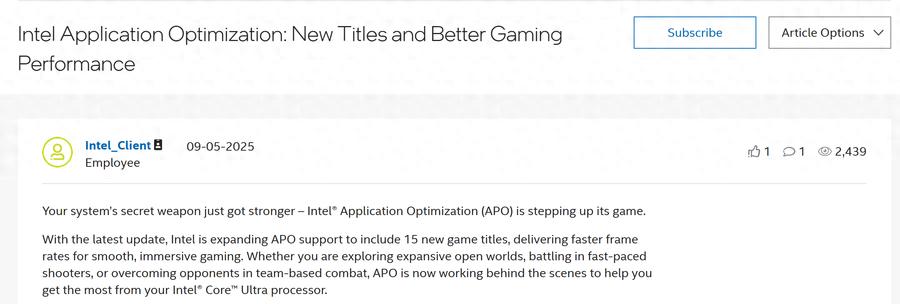 英特尔发布更多APO更新 新添15款游戏性能最高提升14%