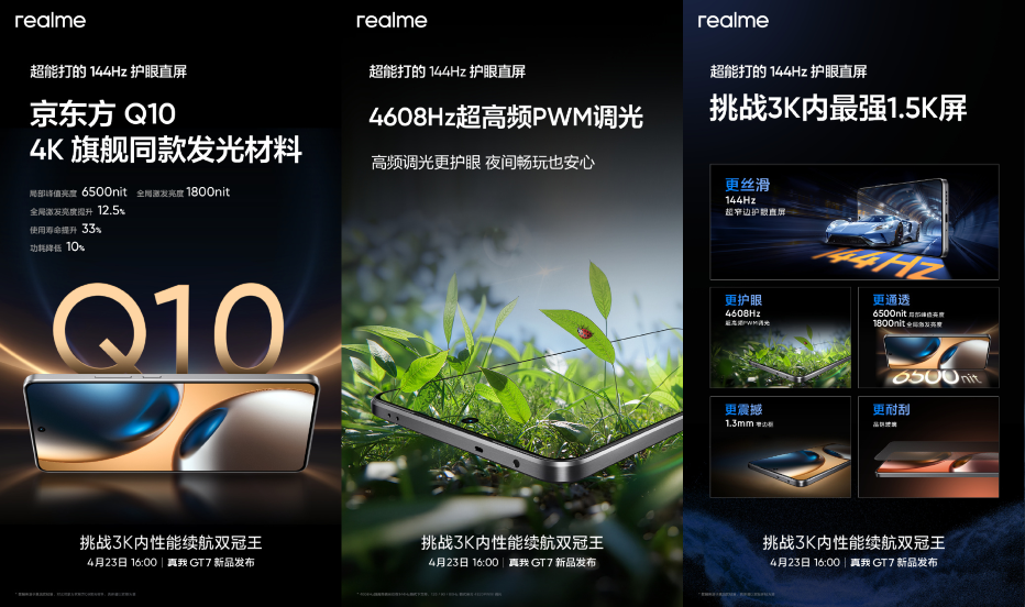 京东方Q10+行业最高4608Hz超高频PWM等 真我GT7屏幕具体参数官宣