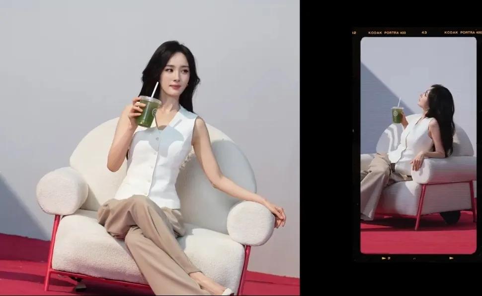 杨幂代言库迪咖啡，身穿咖色毛衣，这是把秋冬广告也提前拍啦