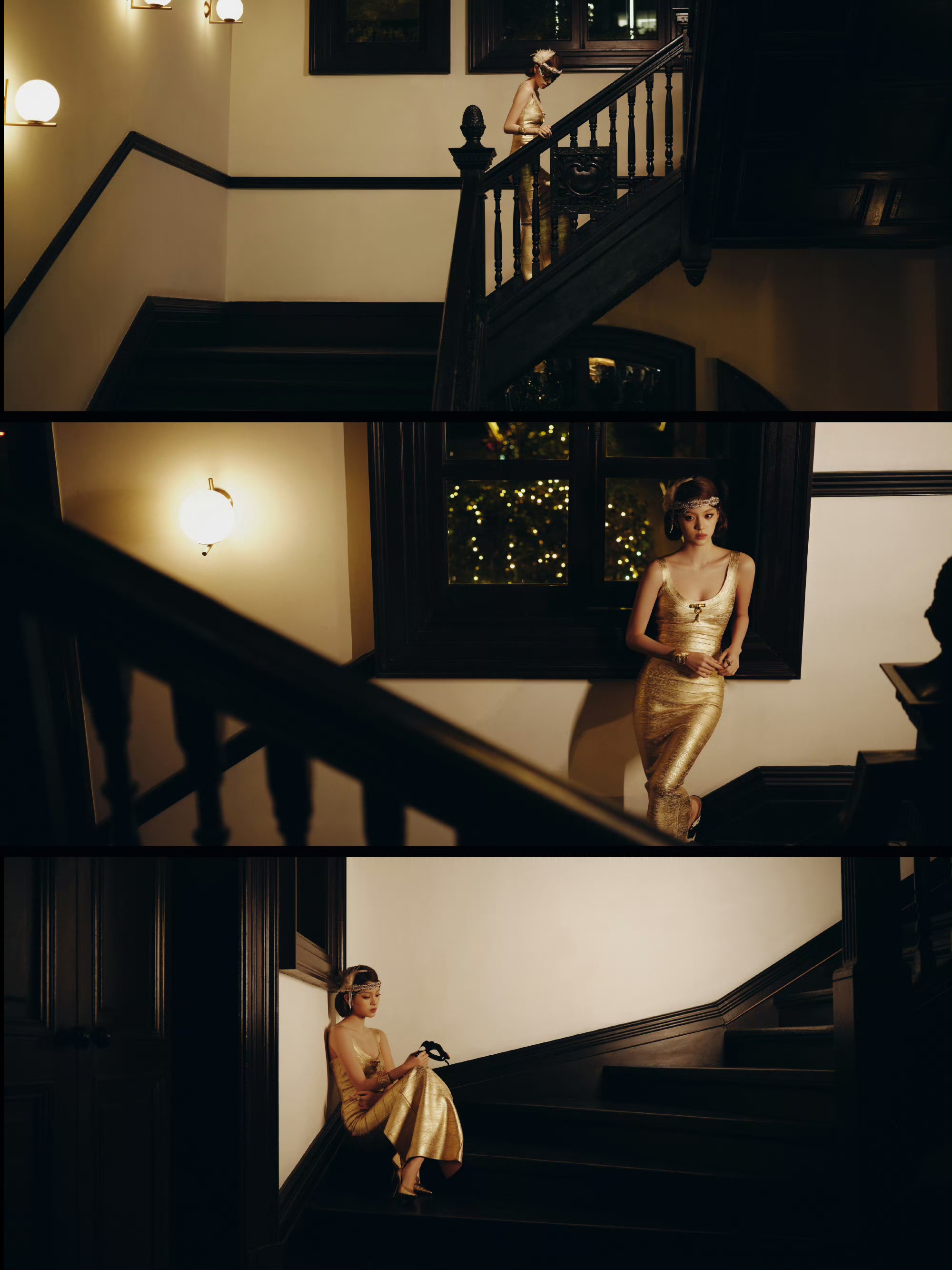欧阳娜娜cos黛茜,鎏金裙勾勒曼妙曲线,复古氛围感超绝!