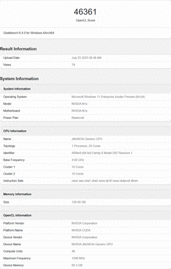 NVIDIA N1X處理器GPU規格、跑分曝光：核心數與RTX 5070相同！