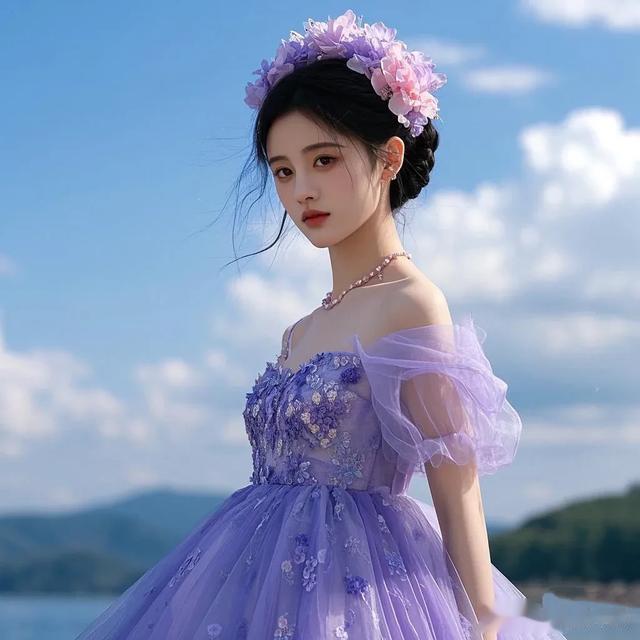 鞠婧祎淡紫裙绣花粉，花饰温柔范，美炸了！