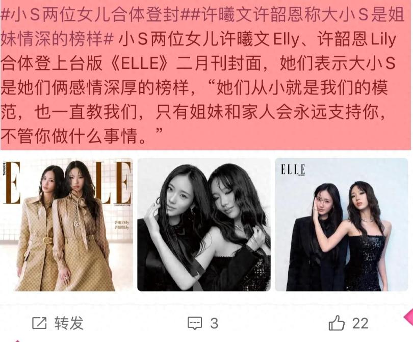 S家后继有人!小S俩女儿合体登时尚杂志封面,网友:如当年大S小S