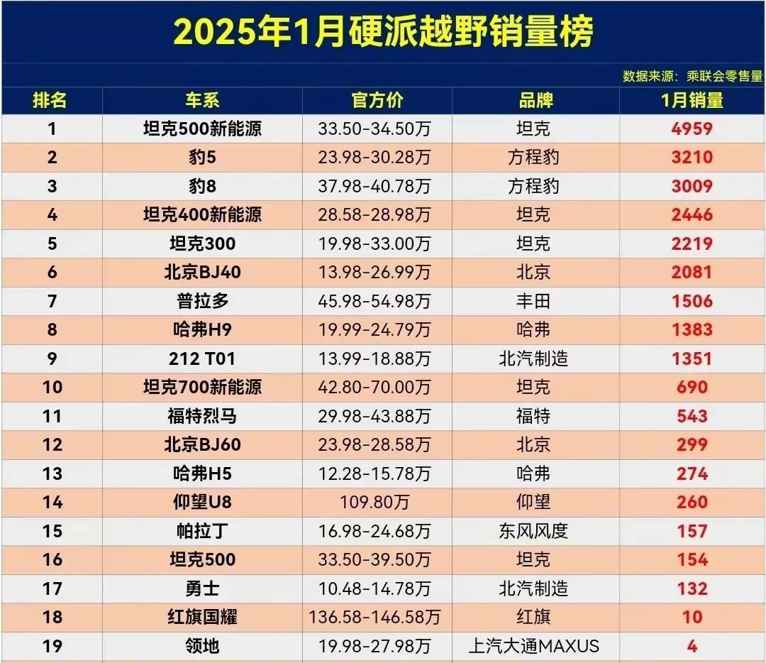 官宣！1月硬派越野销量榜，豹5排在第2名，坦克300排在第5名