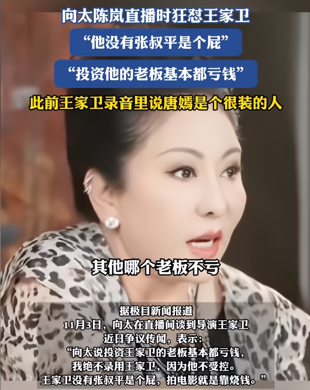 墙倒众人推？向太曝王家卫背后大佬，黑料被扒，刘嘉玲也是受害者