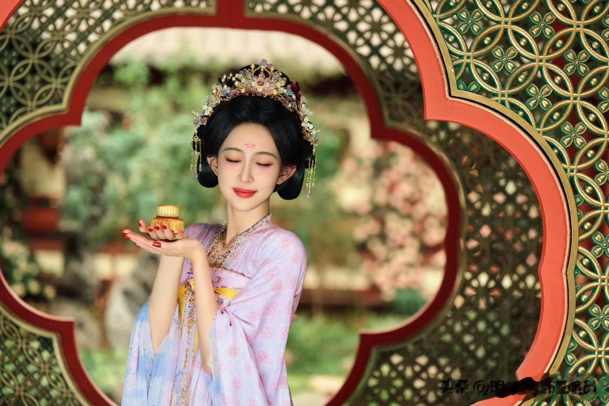 孟子义汉服大片：唐宫仕女抱兔品月，粉紫襦裙尽显古韵风华