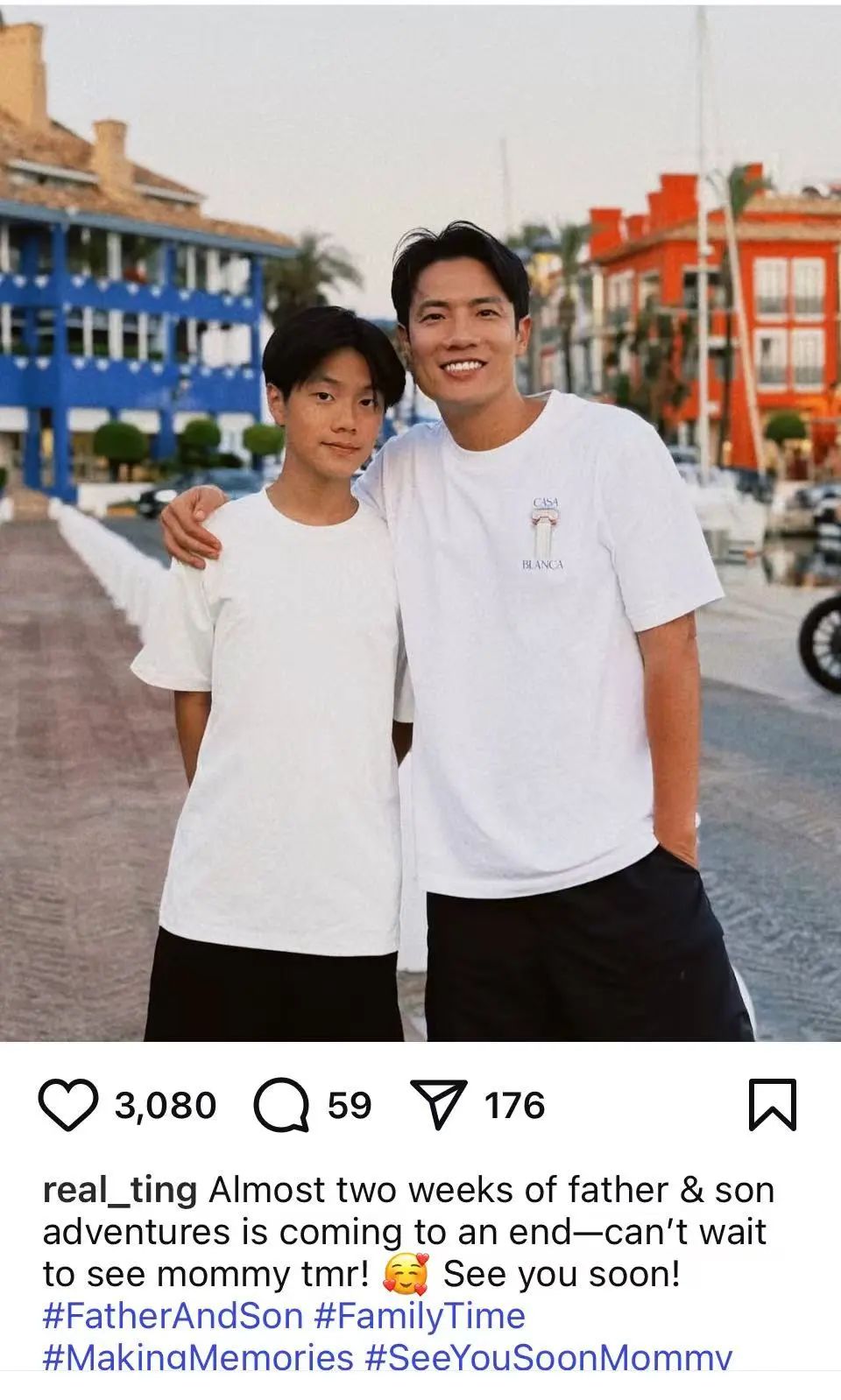 杨千嬅老公晒与儿子合照,13岁丁进诺穿白短袖长相帅气