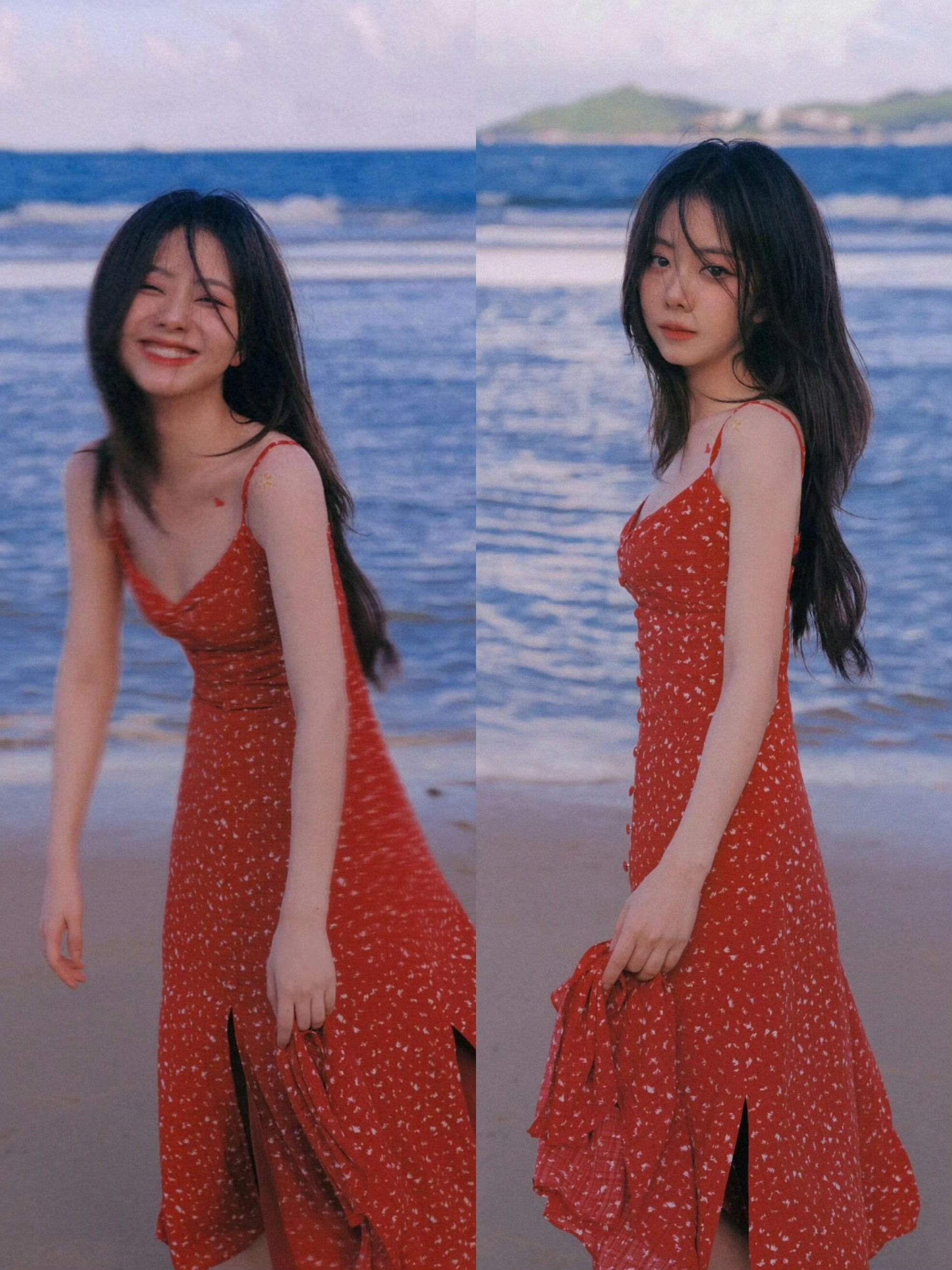 谭松韵李兰迪红色也太适合海边了