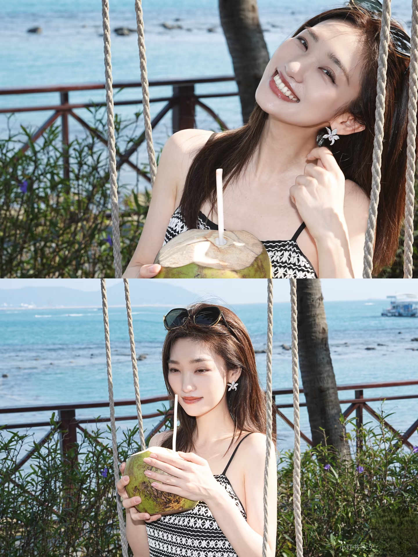 主持人蓝羽手捧椰汁拍美照，一袭吊带裙配长发，惬意又漂亮