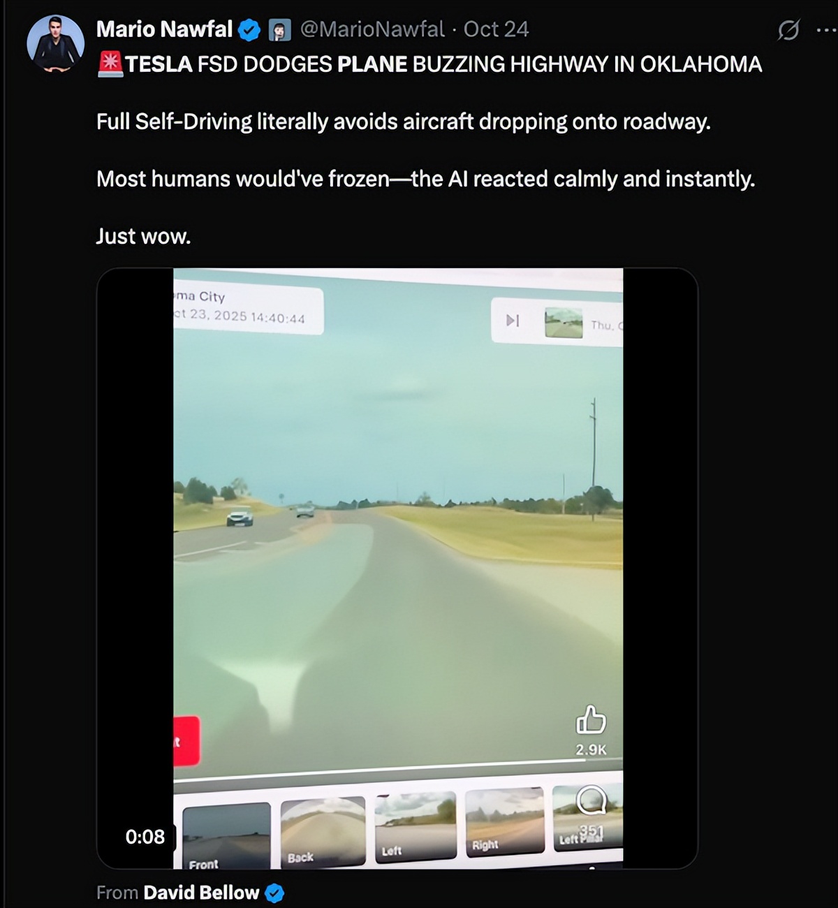 傳美國一輛特斯拉用FSD避讓墜毀飛機 司機辟謠：我手動操作的