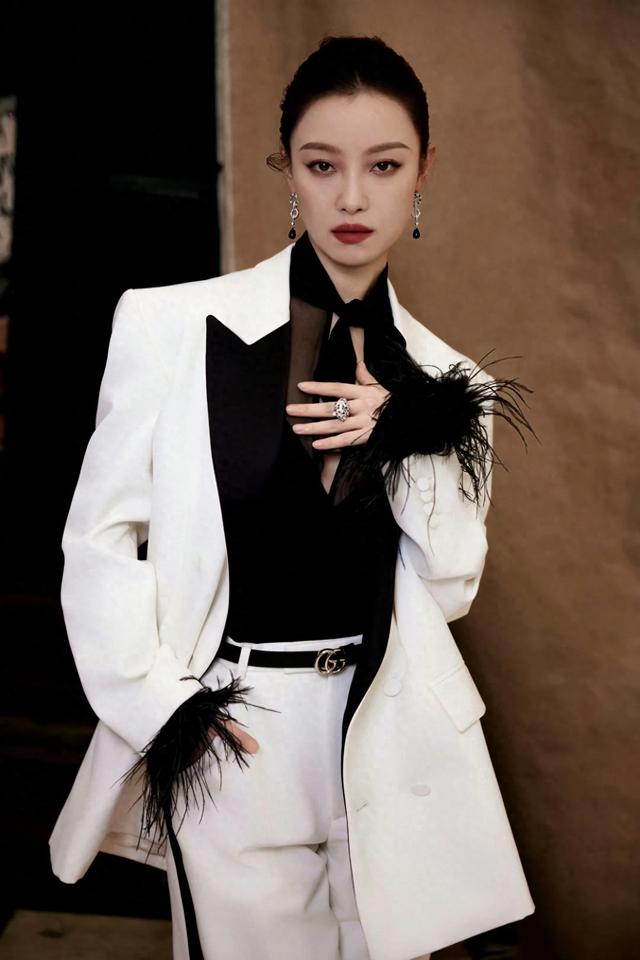 倪妮,黑白撞色西装,又酷又美