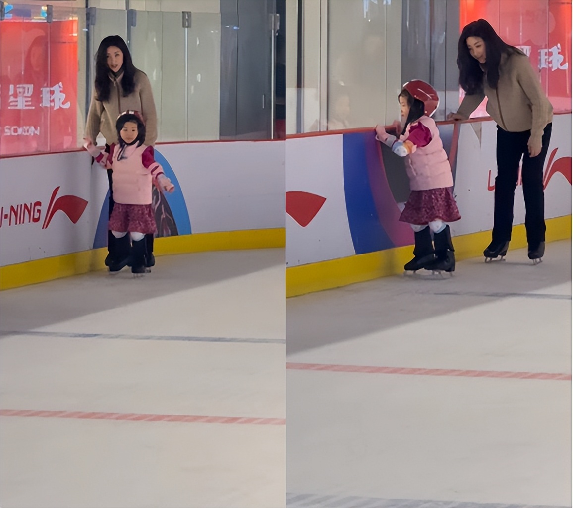 朱珠和老公打扮时尚出门！被4岁女儿拉来滑冰，一个无奈一个害怕