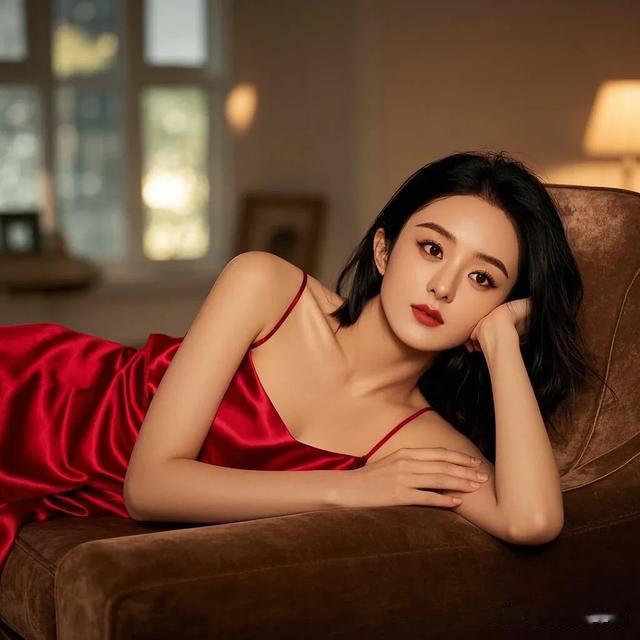 赵丽颖红裙睡衣造型惊到，慵懒沙发坐姿太勾人！