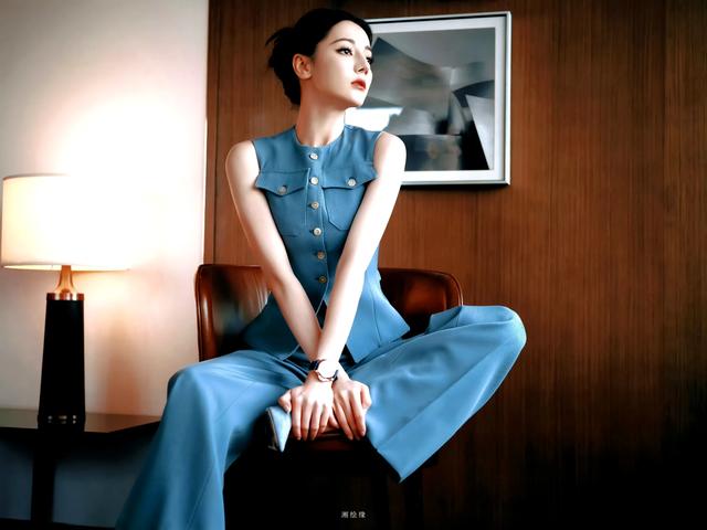 迪丽热巴，蓝色气质套装，塑造白领丽人的优雅干练魅力