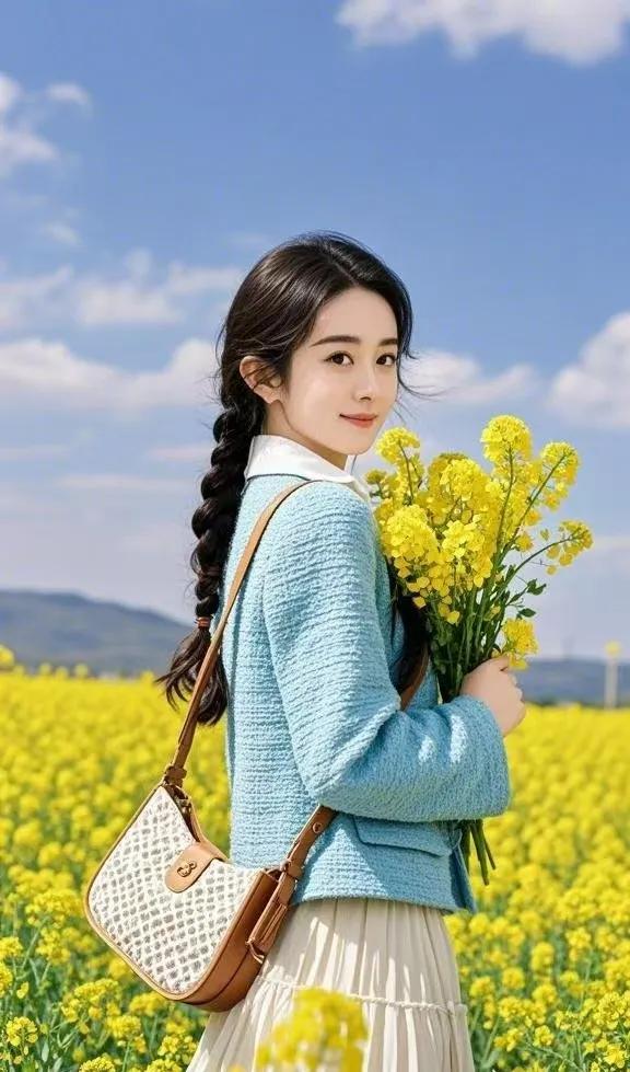 赵丽颖小香风绿裙配油菜花，美出新高度