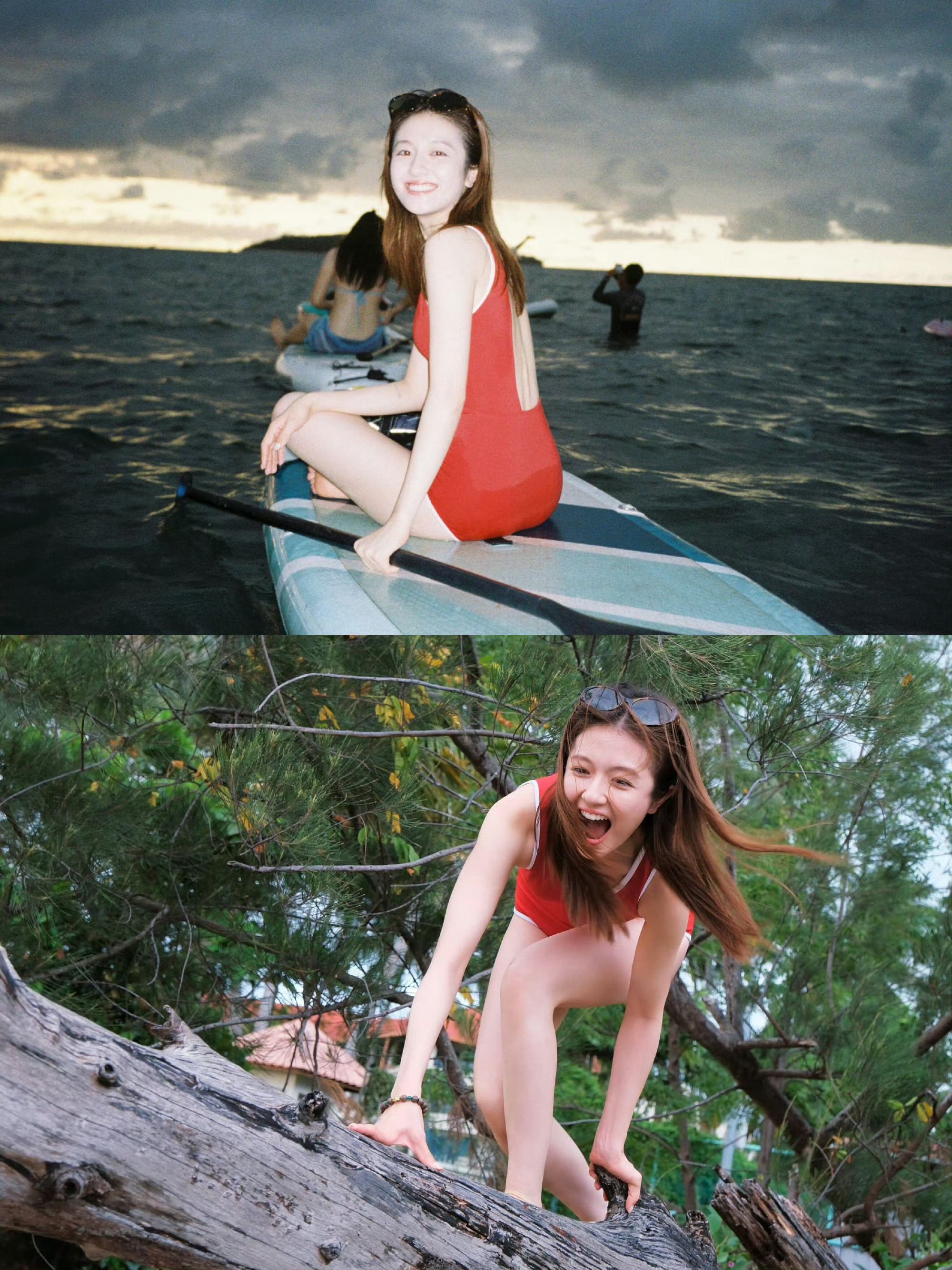 谭松韵李兰迪红色也太适合海边了