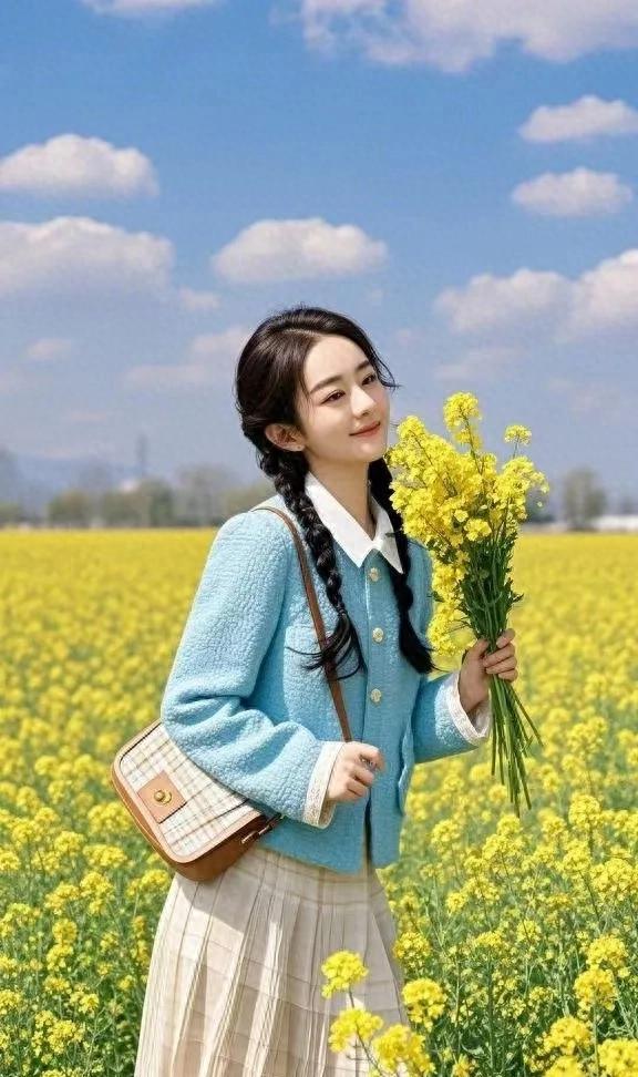 赵丽颖小香风绿裙配油菜花，美出新高度