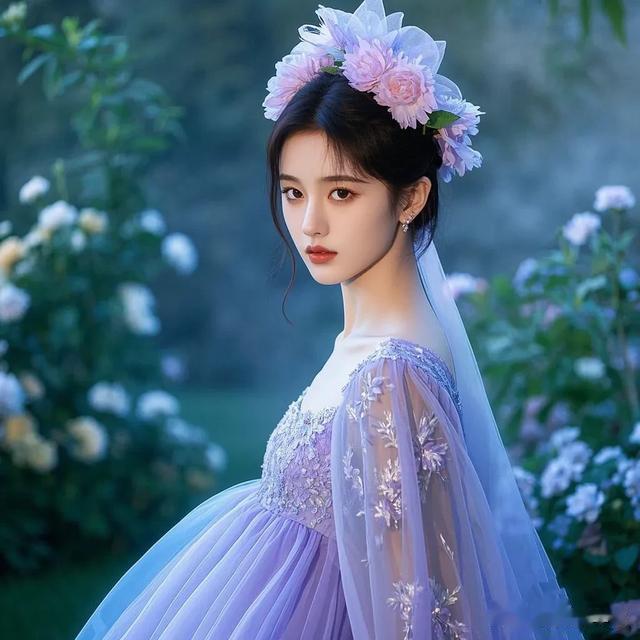 鞠婧祎淡紫裙绣花粉，花饰温柔范，美炸了！
