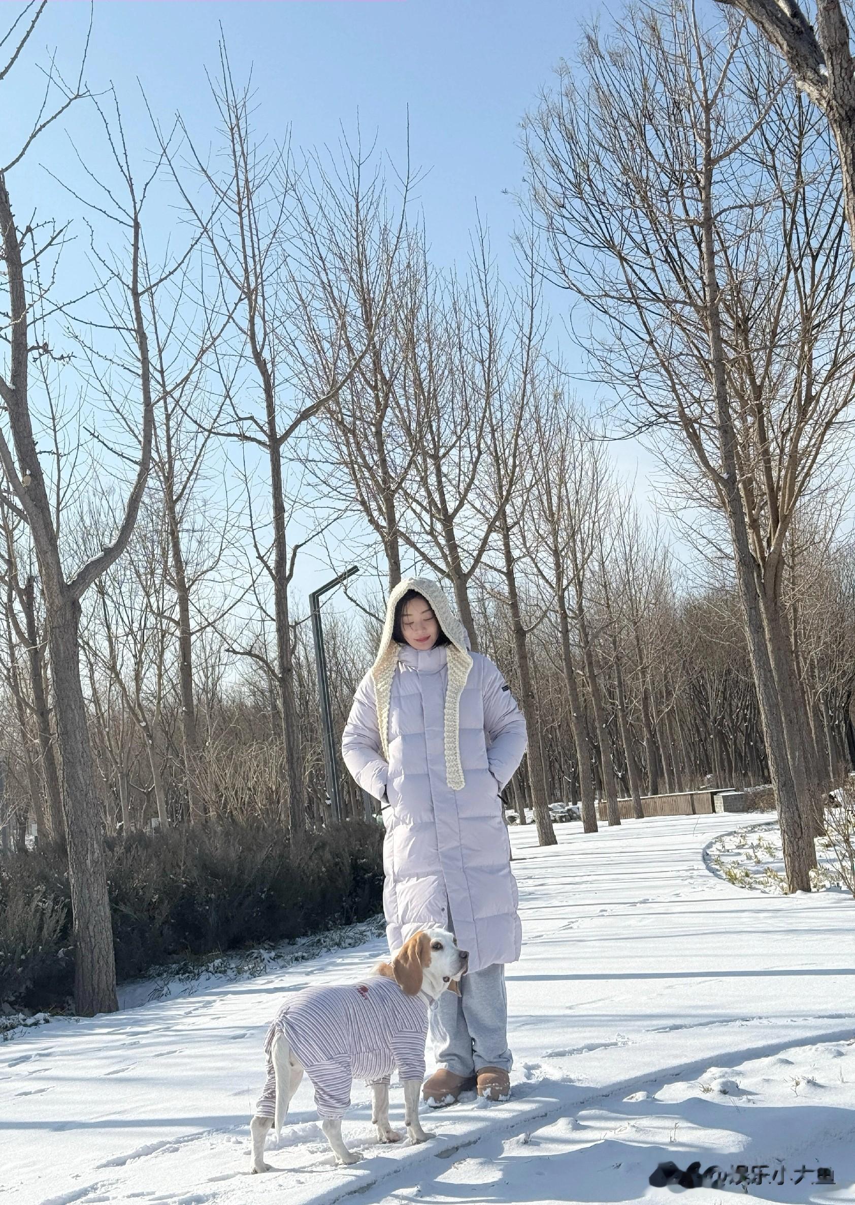 袁姗姗分享北京初雪美照，穿淡紫色长款羽绒服戴针织帽玩雪好可爱