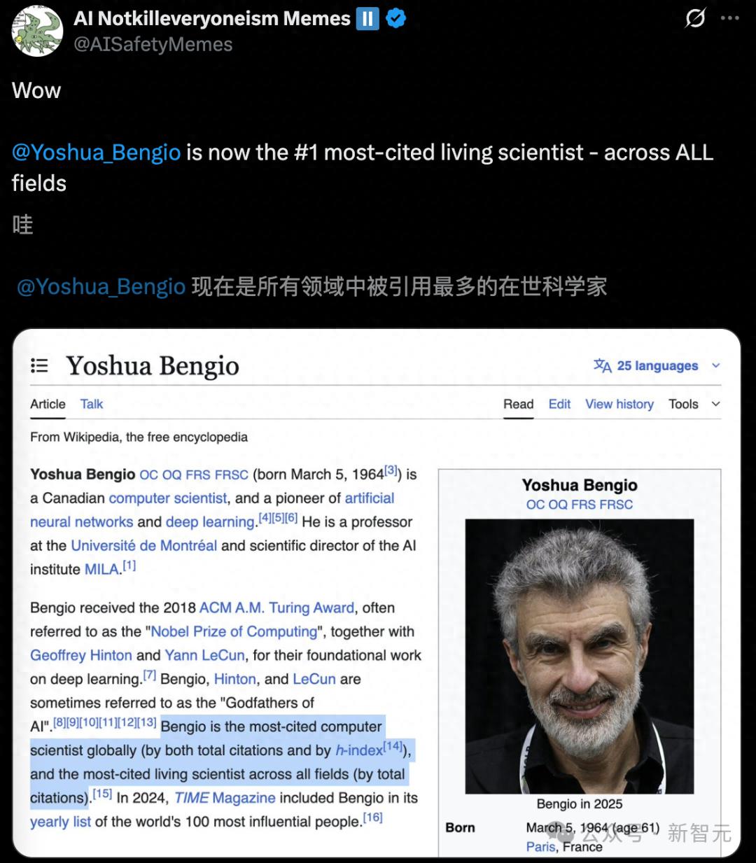 全球高被引第一人,图灵得主Bengio近百万!Hinton、何恺明冲TOP5