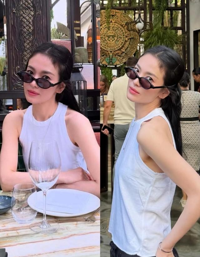 同一天，宋慧乔穿粉裙光彩照人，全智贤穿蓝裙干瘦显老，对比明显