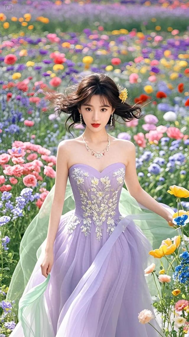 毛晓彤一身古风长裙,在烂漫花海里肆意奔跑,画面唯美