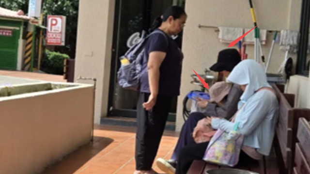 郭碧婷带女儿买鱼，打扮土气，坐长椅上休息，保姆站身前给挡阳光