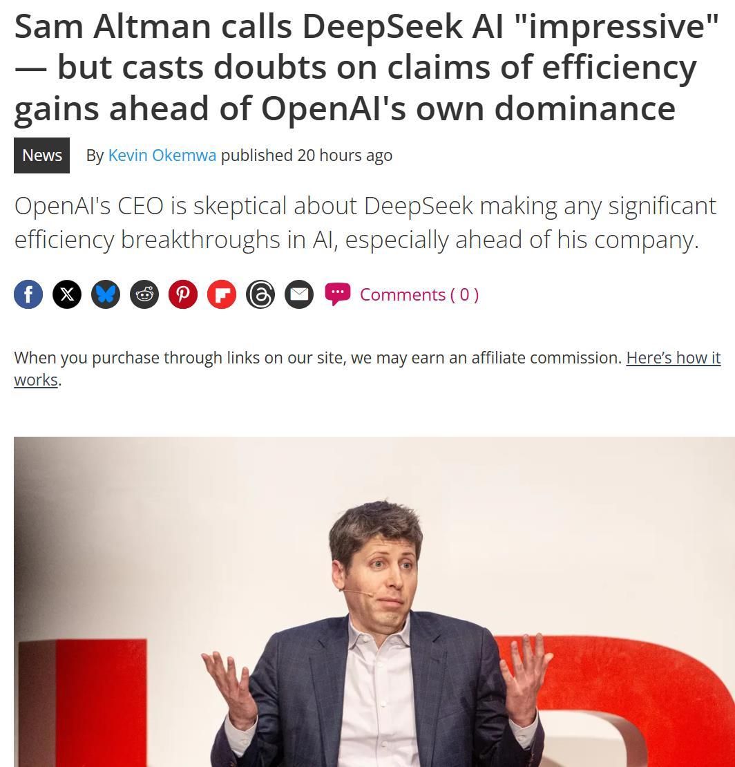 OpenAI CEO：DeepSeek 團隊很有才華，但OpenAI 更高效