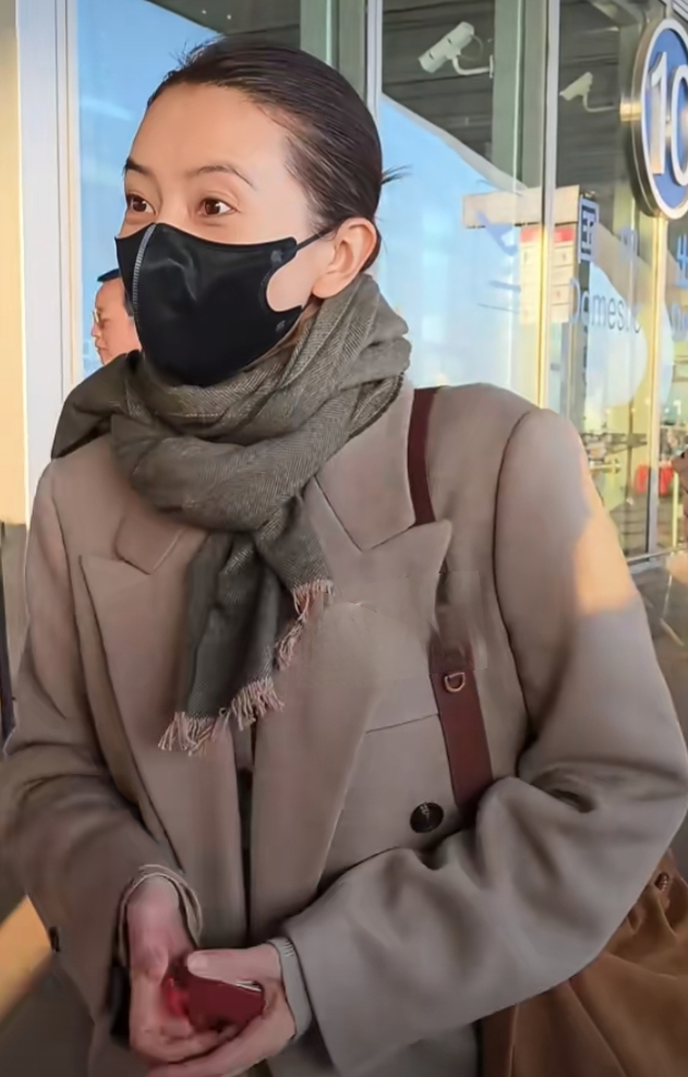 高圆圆机场路透,盘发搭驼色大衣,美貌与气质并存