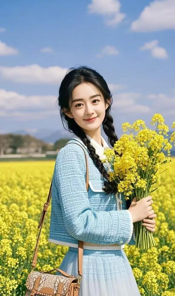 赵丽颖小香风绿裙配油菜花，美出新高度