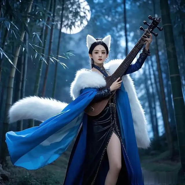 赵丽颖的苏妲己，穿着蓝色服饰，眼神犀利，不失高贵！