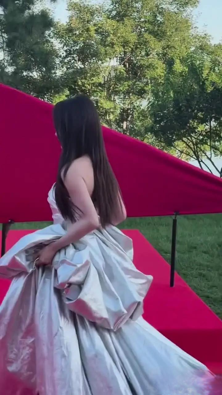 蔡文静亮相时尚文化大赏，银色拖尾礼服配长发，气质优雅美貌动人