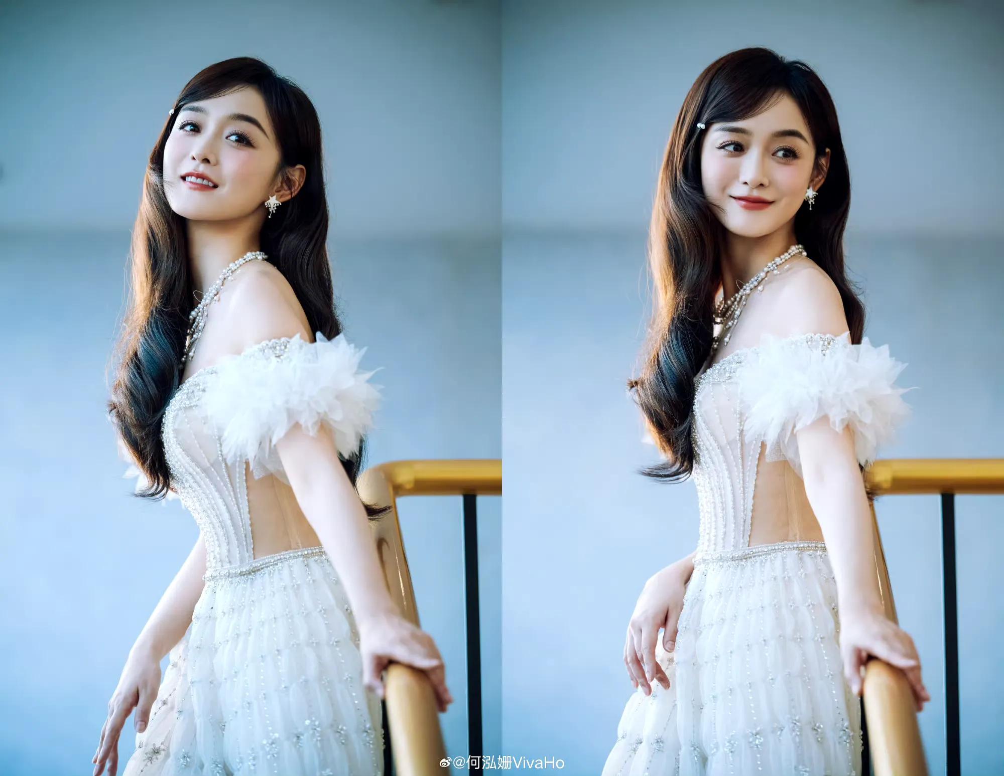 何泓姗深V抹胸礼裙