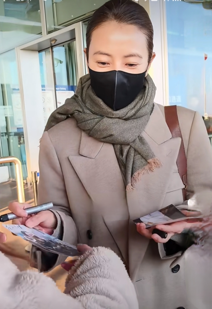 高圆圆机场路透,盘发搭驼色大衣,美貌与气质并存