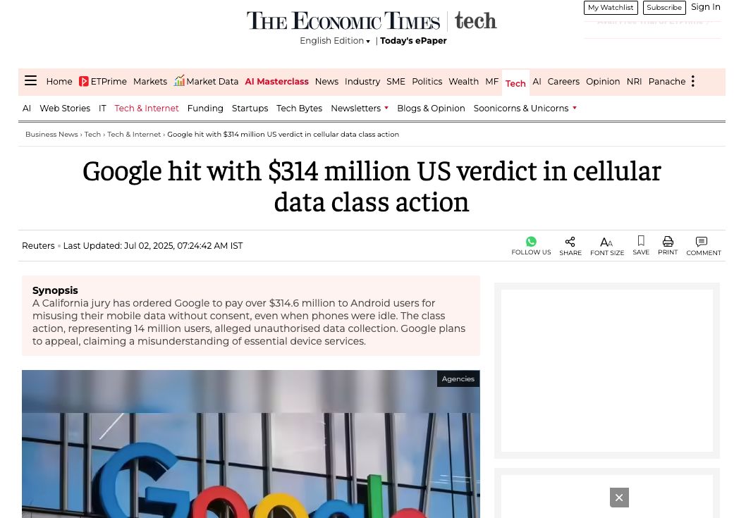 因濫用安卓用戶數據，美國加州陪審團裁定谷歌賠償3.15億美元