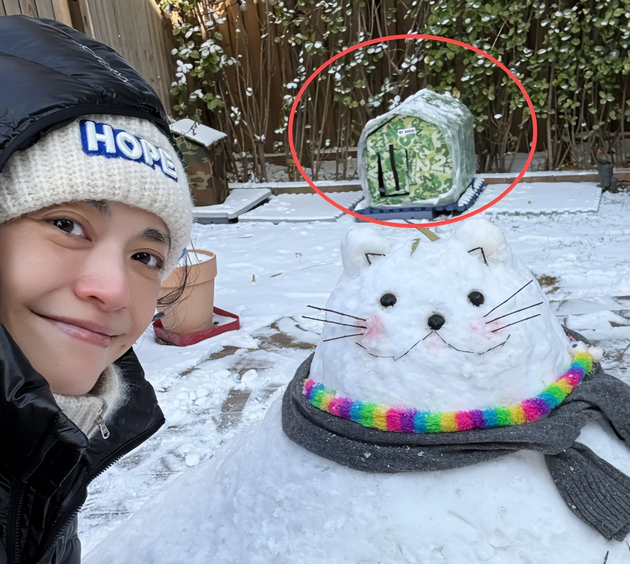 姚晨堆雪人怀念爱宠！12岁儿子大嘴超像妈妈，豪宅中放满流浪猫窝